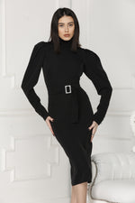 Black midi luxe dress body look.