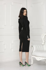 Black midi luxe dress backside details.