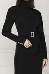 Black midi luxe dress details.