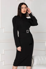 Black Midi Luxe dress with long puff sleeves with cuffs and high neck.