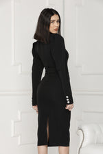 Black midi luxe dress back details.