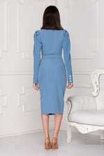 Blue midi luxe dress full back details.