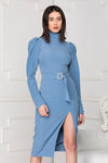 Blue midi luxe dress with slit details.
