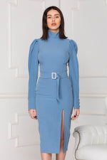 Blue midi luxe dress without slit details.