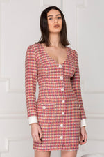Business Woman tweed Dress with pearl embellished buttons.