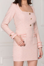 Classic pink tweed dress full details.