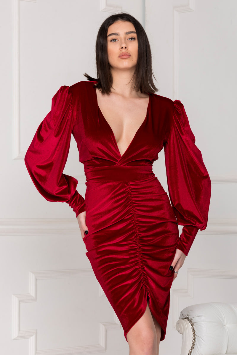 Infinity red velvet dress front side look.